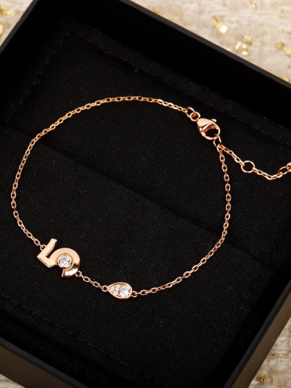 Authentic Chanel No.5 Number Teardrop Crystal Rose Gold Slim Bracelet